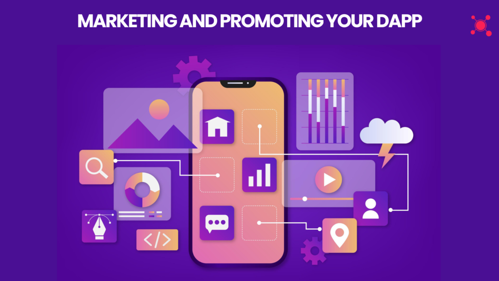 Marketing icons highlighting the promotion of a DAPP on smartphone.