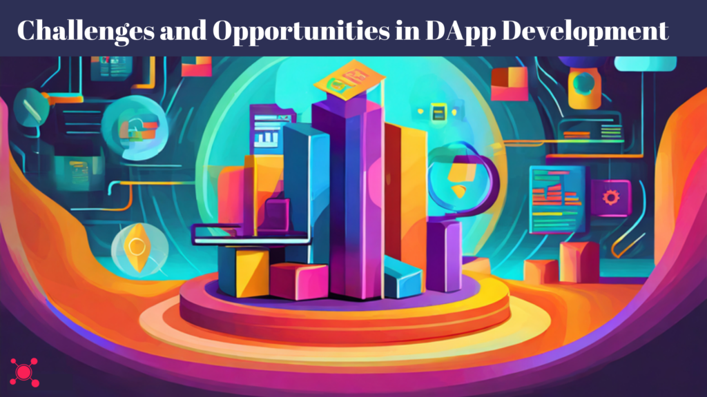 Illustration depicting a winding path through challenges and opportunities in DApp development. Text overlay emphasizes the importance of 'DAPP Matters' as the central focus for success