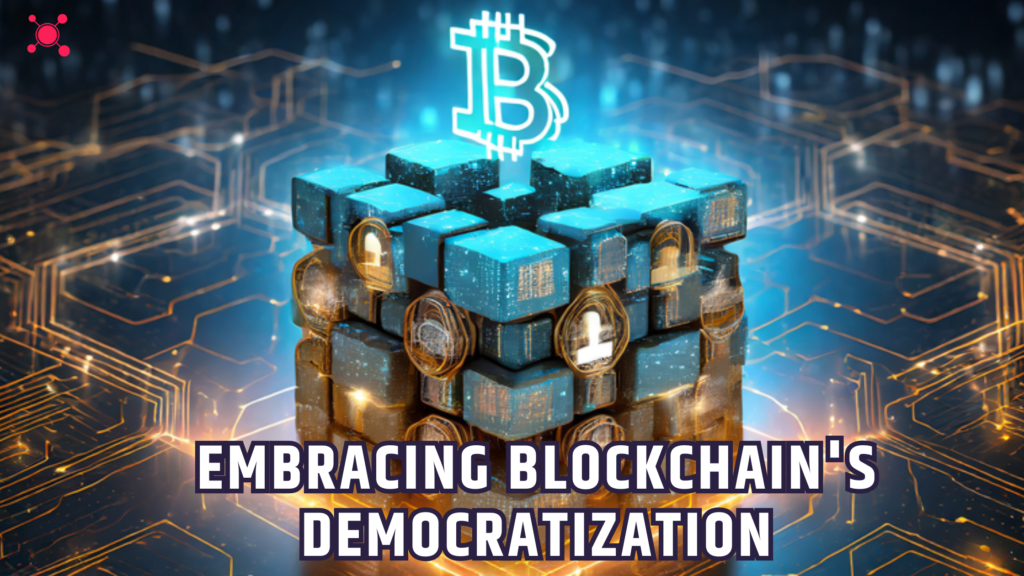 An engaging illustration depicts the concept of blockchain democratization, featuring a luminous Bitcoin sign against a dynamic tech background. The image visually reinforces the focus keyword "DAPP Matters" by symbolizing the transformative power of decentralized applications within the broader blockchain landscape