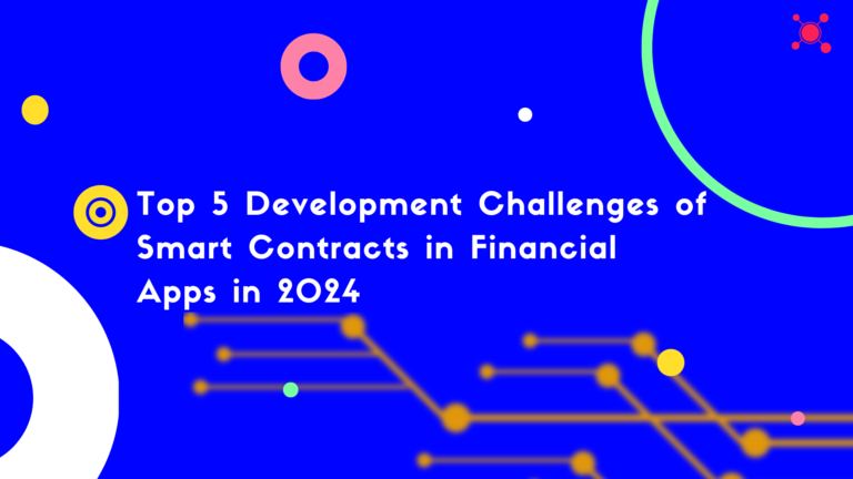Illustration depicting the top challenges in developing smart contracts in financial apps in 2024, highlighting scalability, security, regulatory compliance, interoperability, and the skill gap in development teams.